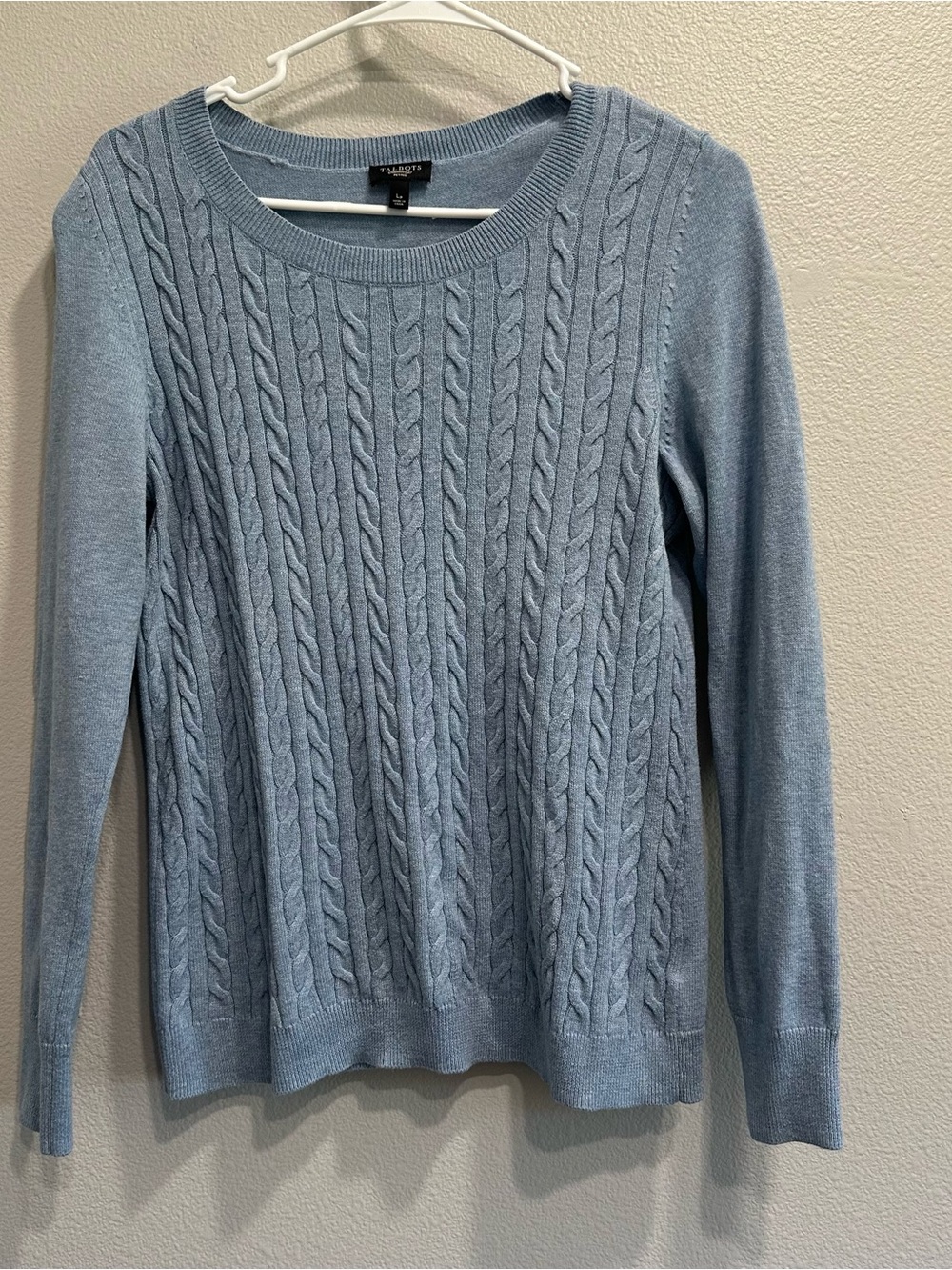 Talbots Cable Knit Crewneck Sweater,Light Blue,lightweight,Petite large,office